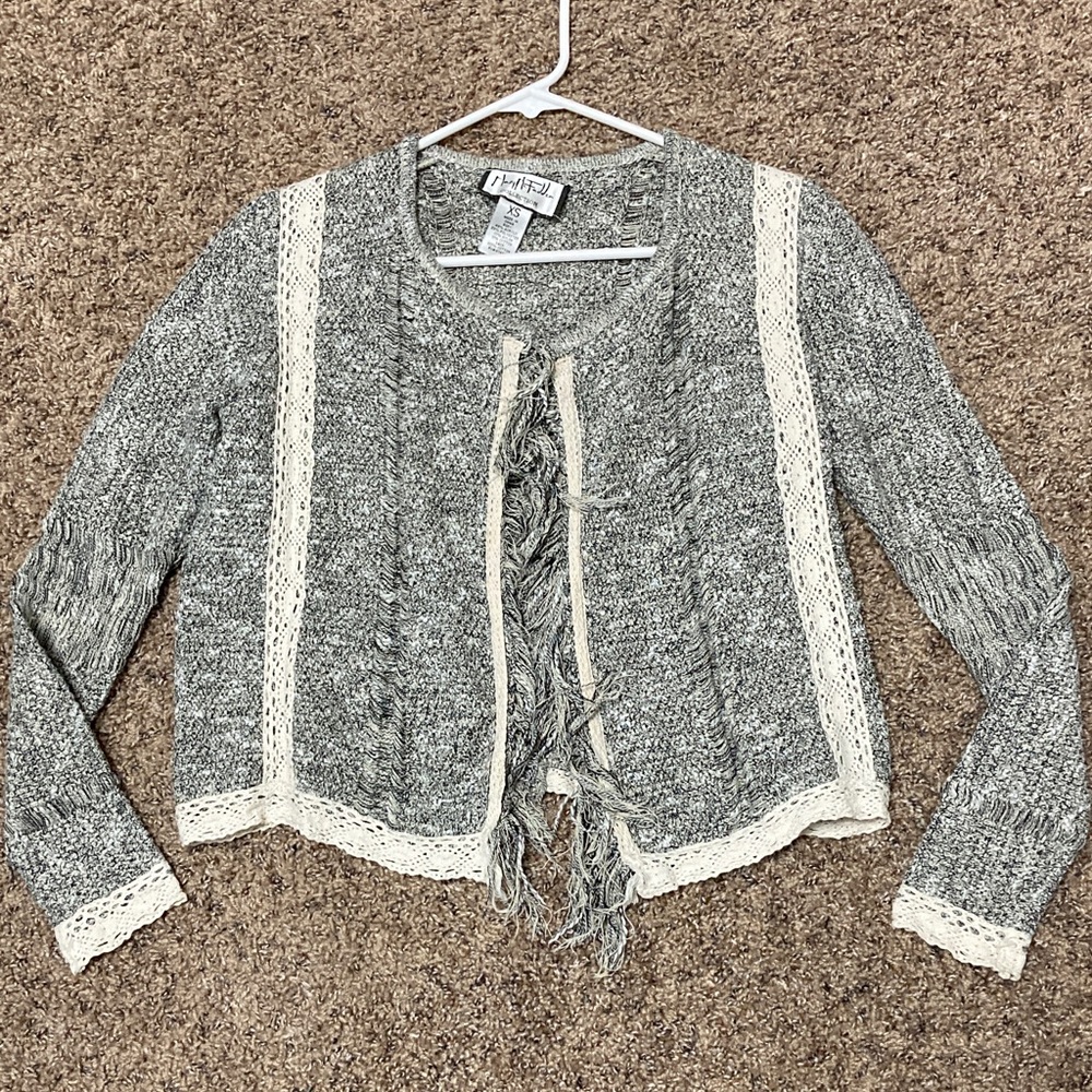 Mary McFadden Gray and Cream Fringe Cardigan